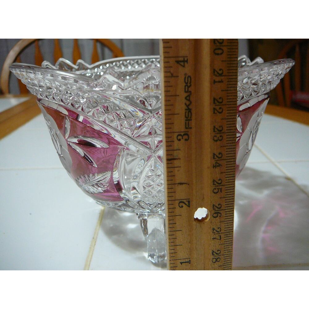 Vintage Hofbauer Floral Ruby Red Crystal 3 Footed Bowl - Picture 6 of 6